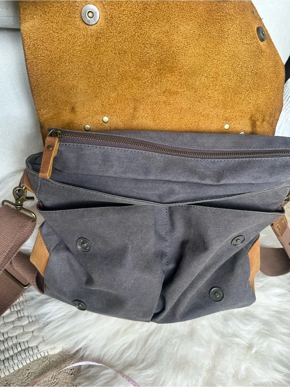 Vintage-Inspired Brown & Tan Canvas Messenger Bag with Leather Flap